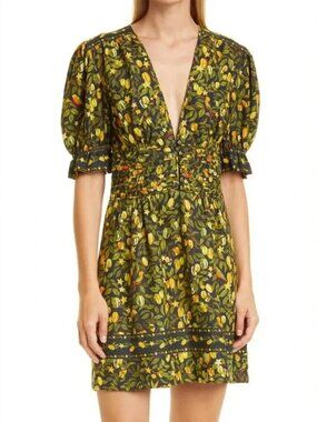 Farm Rio Star Fruit Linen Blend Mini Dress NWT Small Puff Sleeve V-Neck 291593